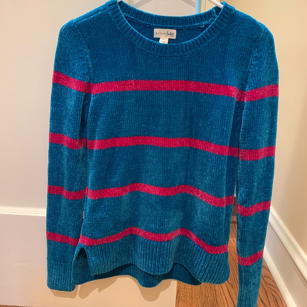 - Maison Jules Chenille Pullover Sweater Teal with Berry Colored Stripes XS NWT